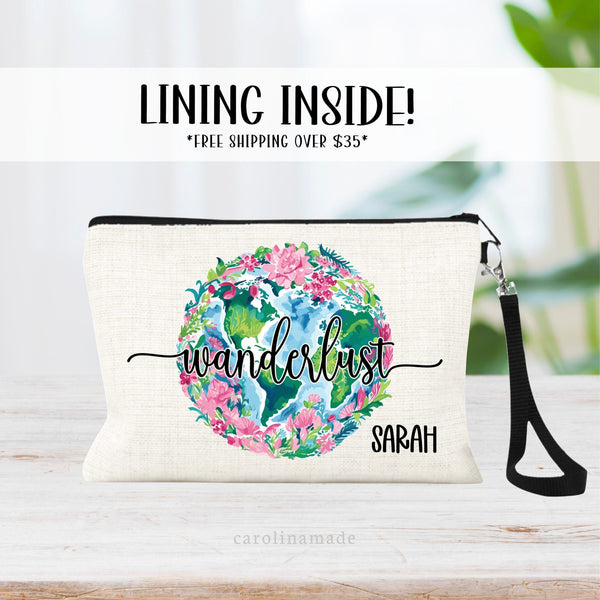 This linen zipper pouch features a pretty floral pattern design with a glove of the world. It is personalized in the with your name. And the word wanderlust across it. Perfect for anyone traveling or graduation gift.