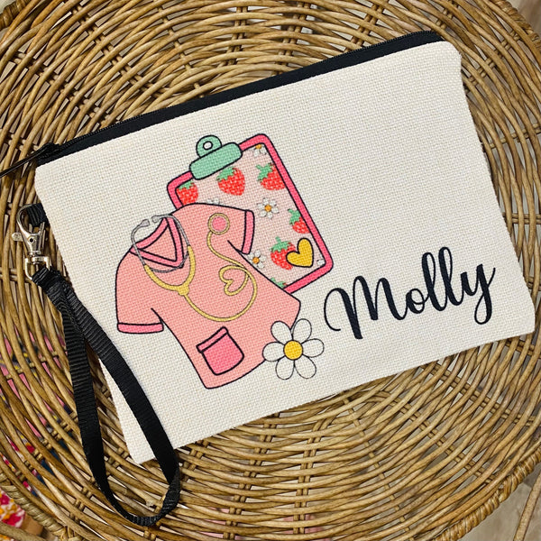 Nurse Bag, Personalized Nurse Gift, Pink Strawberry Nurse Makeup Bag, Staff Gift Ideas, Nurse Cosmetic Bag, Nurse Appreciation, Trendy Nurse
