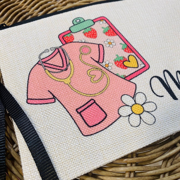 Nurse Bag, Personalized Nurse Gift, Pink Strawberry Nurse Makeup Bag, Staff Gift Ideas, Nurse Cosmetic Bag, Nurse Appreciation, Trendy Nurse