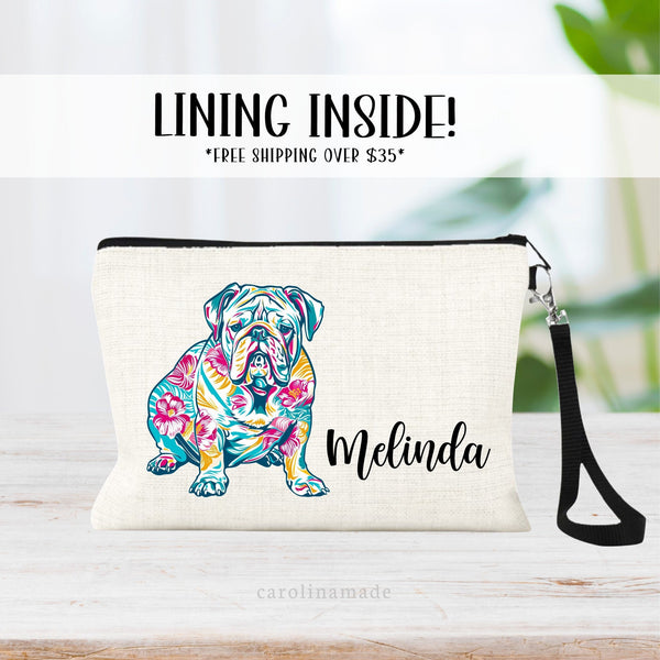 This linen zipper pouch features a pretty floral pattern design with a English bulldog. It is personalized in the with your name. Perfect for any bulldog Mom!