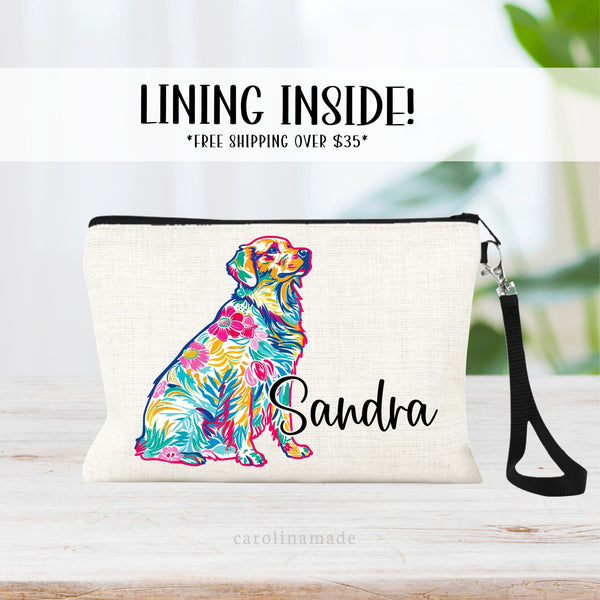 This linen zipper pouch features a pretty floral pattern design with a Golden Retriever. It is personalized in the with your name. Perfect for any Golden Retriever Mom!