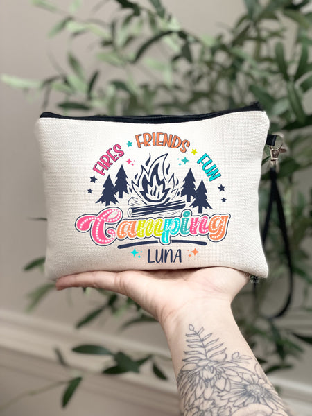 Camping Makeup Bag, Personalized Girls Summer Camp Bag, Gift idea for Camper, Fires Friends Fun Camping Toiletry Bag, Camping Gear Pouch