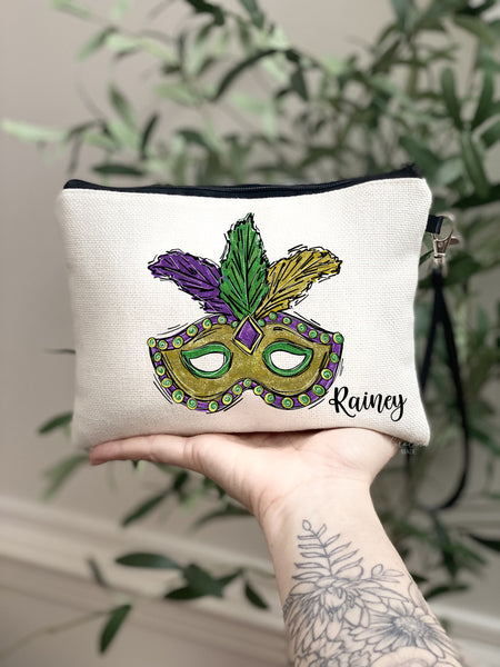 Mardi Gras Bag, Personalized Mardi Gras Wristlet, Mardi Gras Street Festival Makeup Bag, Cosmetic Bag, Zipper Pouch, Mardi Gras Bead Bag
