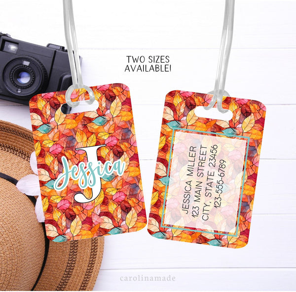 Autumn Leaves Personalized Luggage Tag, Fall Travel Accessories, Custom Monogram Luggage Name Tag, Traveler Gift, Luggage Accessories