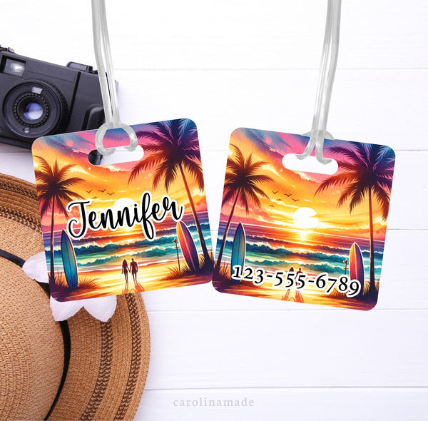 This colorful aluminum luggage tag features a beautiful sunset with palm trees, surf boards and a couple walking on the beach. Personalize this tag with your name on the font and your information on the back.