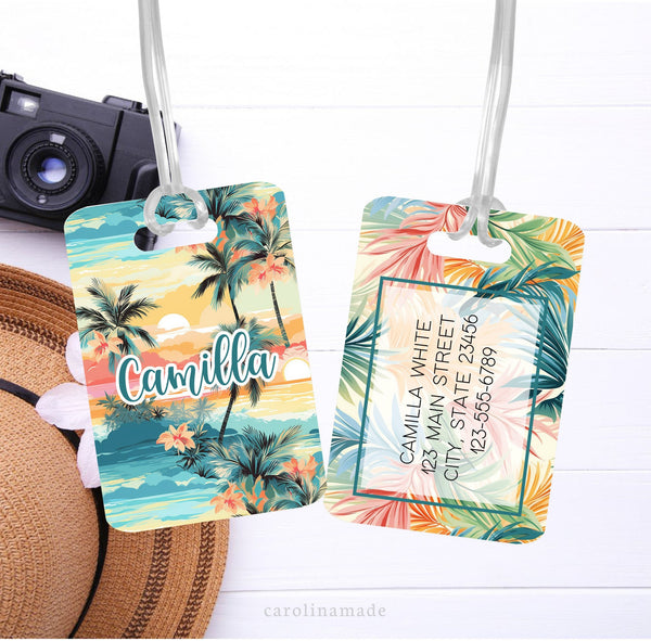 Tropical Palm Leaves Personalized Luggage Tag, Beach Trip Travel Accessories, Custom Luggage Name Tag, Traveler Gift, Tropical Beach Bag Tag