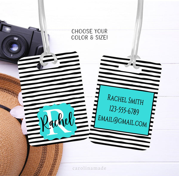 This modern design luggage tags features black and white stripes on both sides. It shows your initial and name on the front. And is personalized with your contact info on the back.
