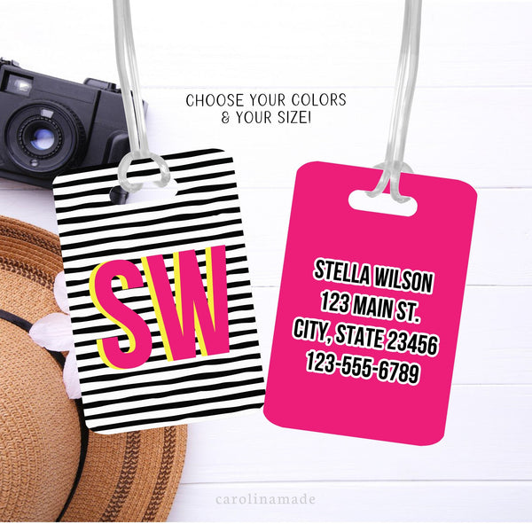 Monogram Luggage Tag, Black and White Stripe Travel Accessories, Personalized Luggage Name Tag, Traveler Gift, Custom Luggage ID Tag Gift