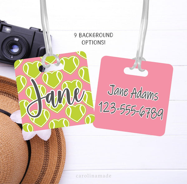 This aluminum tag features tennis ball hearts and is personalized with your name on the font and your contact information on the back.