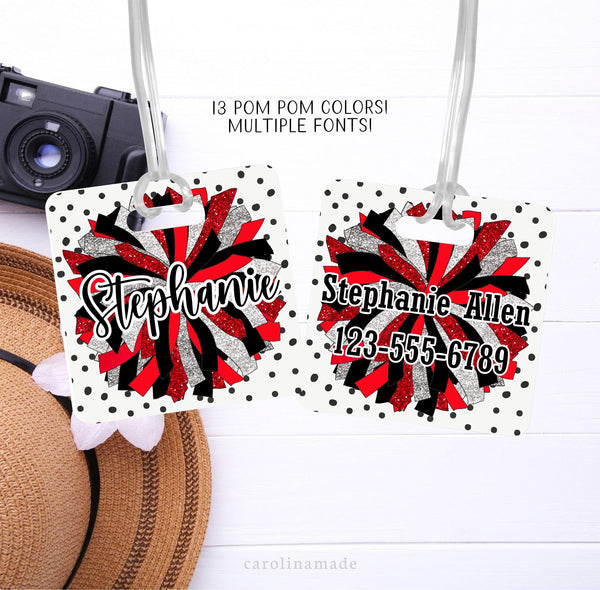 This aluminum tag features your choice of pom pom color and is personalized with your cheerleader's name on the front and contact info on the back.