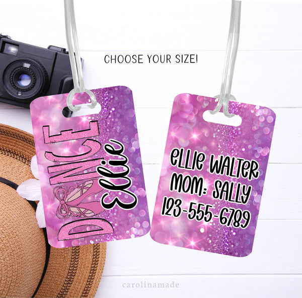 This Bag ID Tag features a pink and purple glitter background with ballerina slippers on the front. The front is personalized with a name. The back has Moms contact information.