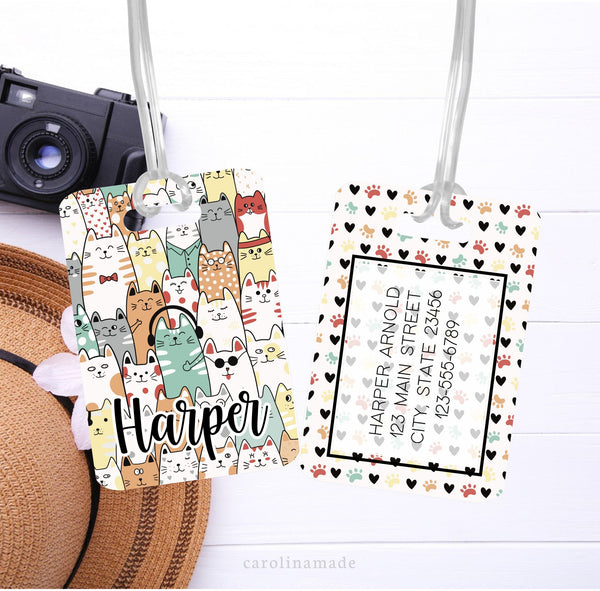 Personalized Cat Stack ID Tag, Cat Lover Luggage Name Tag, Family Vacation Bag Tags, Luggage Accessories, Kids Travel Bag, Cat Paw Bag Tag