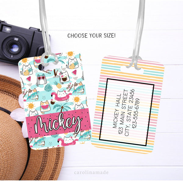 This bag tag features a fun summer swimming cats design on one side with your name. The back has matching colorful stripes and is personalized with your contact information.