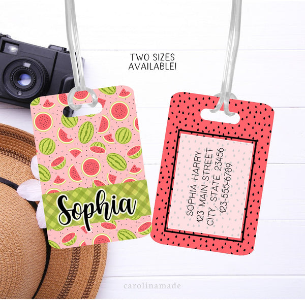 Personalized watermelon luggage tag with fun playful design. Your name on the front and your personalized contact information on the back.