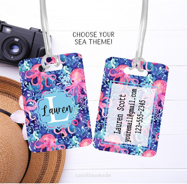 This aluminum luggage tag features a colorful preppy octopus design on both sides. The front has a name. And the back is personalized with contact info.