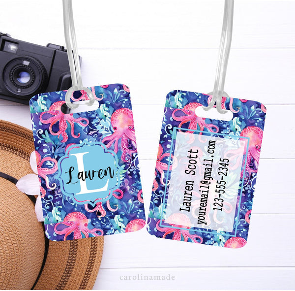 Jellyfish Luggage Tag, Personalized Preppy Jellyfish Bag Tag, Ocean Lover Travel Accessories, Custom Monogram Luggage Tag, Traveler Gift