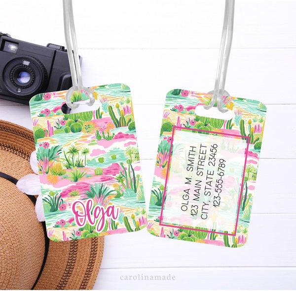 This aluminum luggage tag features a colorful preppy desert design on both sides. The front has a name. And the back is personalized with contact info.
