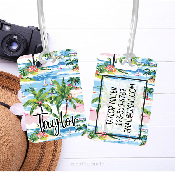 This aluminum luggage tag features a colorful preppy Palm Beach design on both sides. The front has a name. And the back is personalized with contact info.