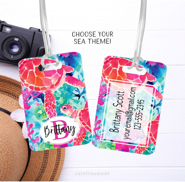 Sea Turtle Luggage Tag, Personalized Preppy Sea Turtle Bag Tag, Ocean Lover Travel Accessories, Custom Beach Trip Luggage Tag, Traveler Gift