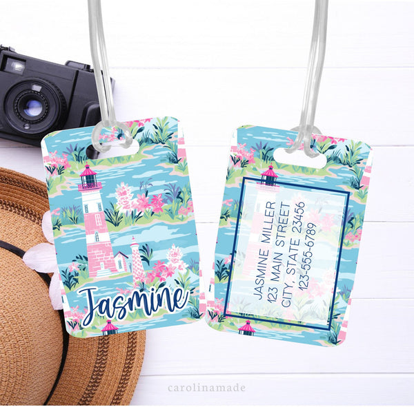 This aluminum luggage tag features a colorful preppy lighthouse design on both sides. The front has a name. And the back is personalized with contact info.