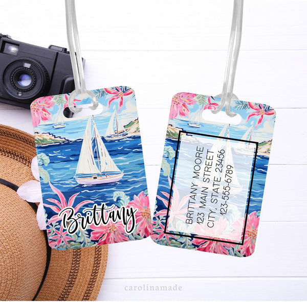 Get ready for your Travels with this preppy pastel Sailboat ocean theme luggage tag! Your Name  is on the front. And your personalized contact information is on the back.