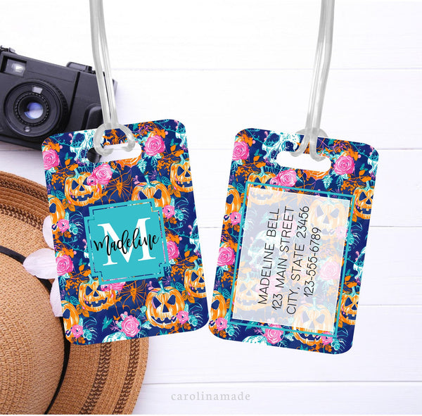 Get ready for your Halloween Travels with this preppy floral pumpkin luggage tag! Your Name and initial is on the front. And your personalized contact information is on the back.