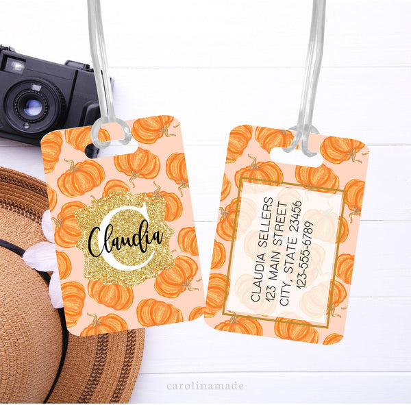 Get ready for your Halloween Travels with this Pink, Orange, and gold glitter pumpkin luggage tag! Your Name and initial is on the front. And your personalized contact information is on the back.