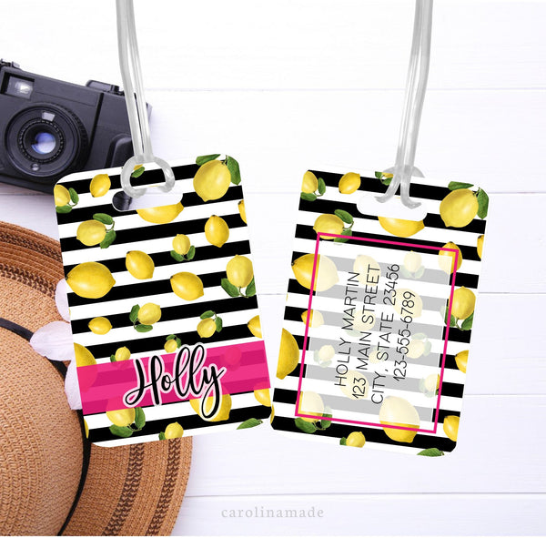This aluminum luggage tag features a colorful preppy black and white stripes lemon design on both sides. The front has a name. And the back is personalized with contact info.