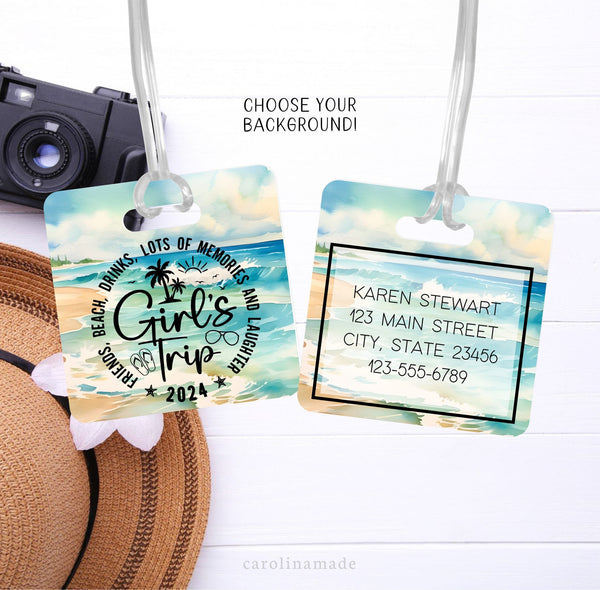 This aluminum luggage tag features a beautiful watercolor beach design on both sides. The front has Girls Trip. And the back is personalized with contact info.