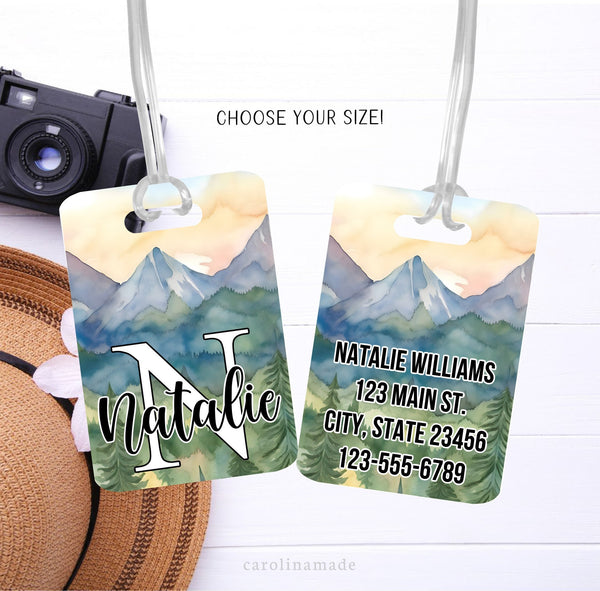 This aluminum luggage tag features a beautiful watercolor mountain sunrise sunset design on both sides. The front has your name. And the back is personalized with contact info.