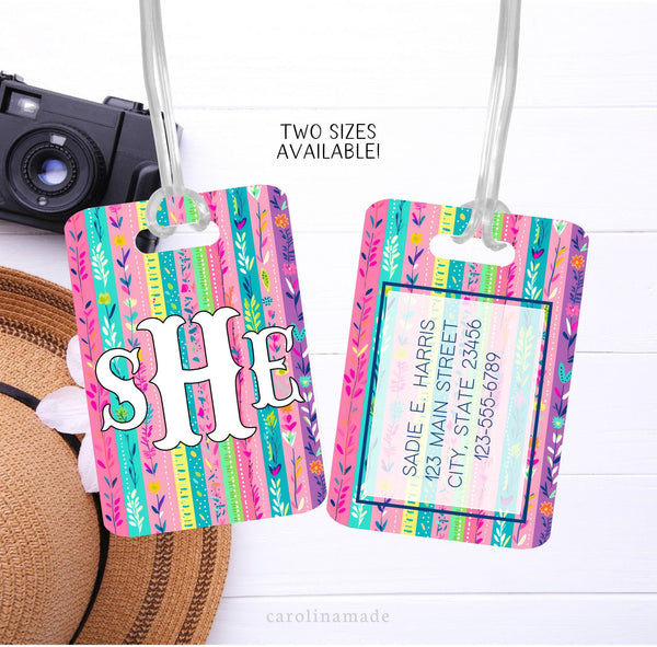 Floral Luggage Tag, Personalized Flower Bag Tag, Girls Travel Accessories, Kids School Bag ID, Custom Monogram Luggage Tag, Traveler Gift