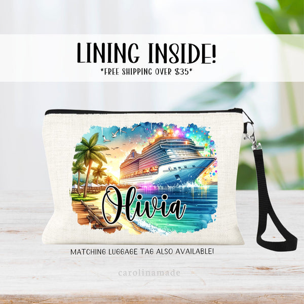 This lined linen wristlet features a colorful design with a cruise ship on the beach front with palm tress and sand. Your name is personalized on the bottom. Perfect for your next cruise!