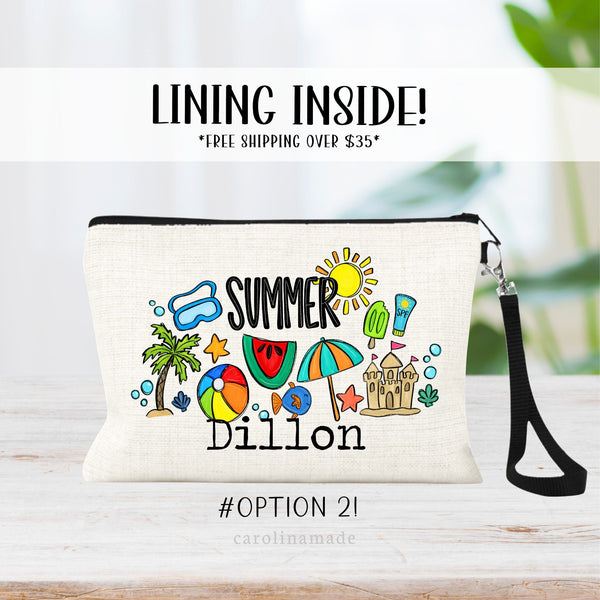 Girls Personalized Beach Makeup Bag, Kids Summer Beach Vacation Zipper Pouch, Girls Weekend Bag, Childs Beach Trip, Kids Shark Tooth Bag