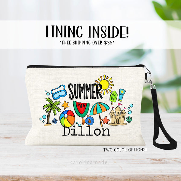 This lined linen wristlet features a fun summer artwork with palm trees, beach ball, watermelon, sand castle, sun, googles & more! Personalize with your name at the bottom.