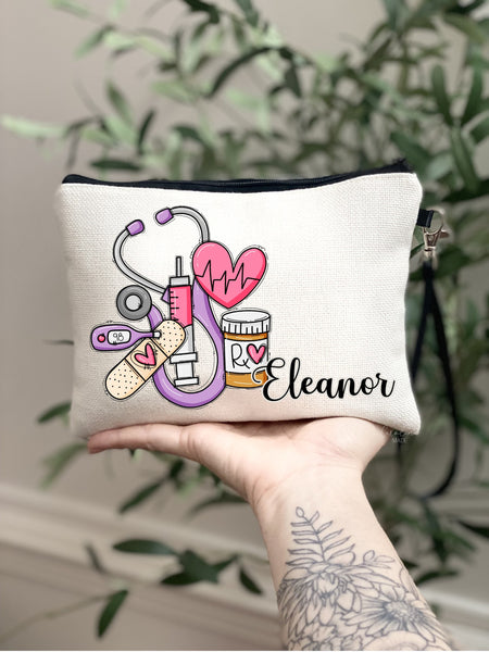Nurse Doodle Personalized Makeup Bag, CNA Gift, Medical Professional Zipper Pouch, Appreciation Gift, Nurse Gift Ideas, Health Care Worker