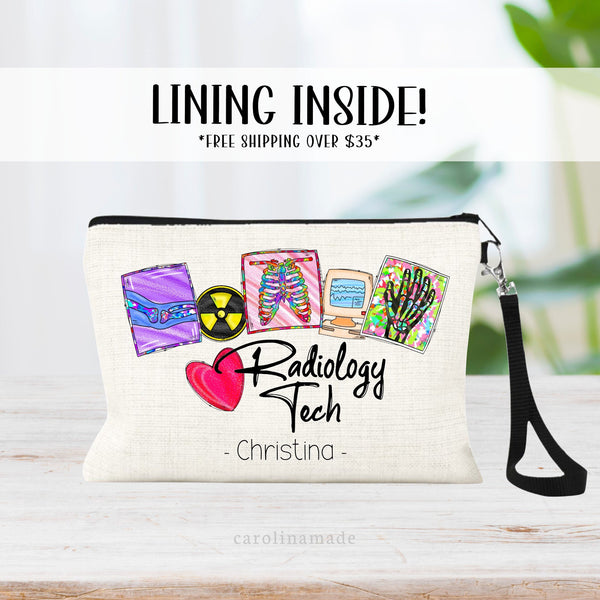 This linen zipper pouch features a radiology design with xrays, radiology symbol, monitor. The bag is personalized with your favorite radiology tech name.
