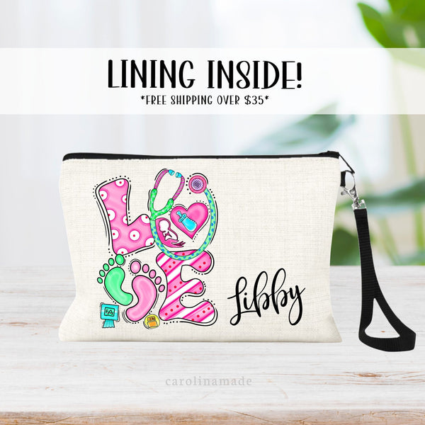This linen zipper pouch features a super cute pink and green nurse design for NICU Nurses, OBGYN, Pediatric Nurses and more. It is personalized next to design with your name.