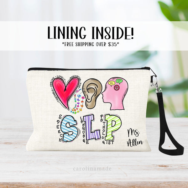 Fun speech language pathologist design with heart, ears, brain. It is personalized in the corner with your name.