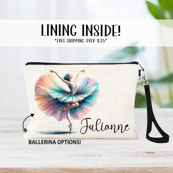 Multiple beautiful watercolor ballerina options to choose from. Ballerina is on the left of this zipper pouch and the name is on the right.