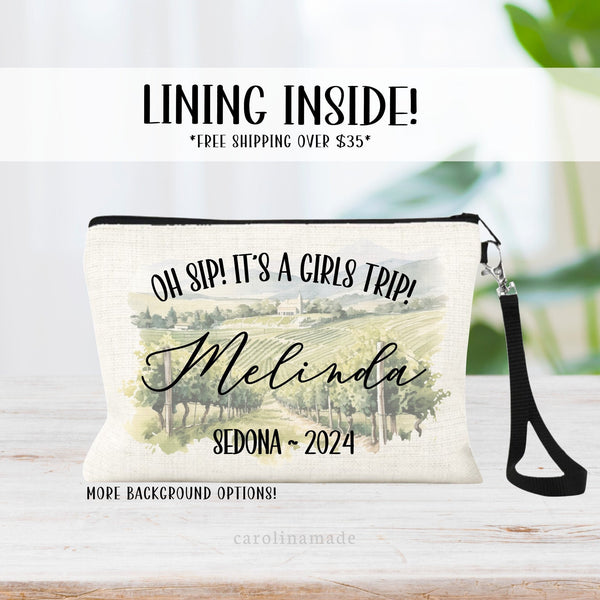 This natural linen bag with black strap is perfect for your next winery trip! It features the text Oh Sip Its a girls trip At the top, personalized with your name in the center with your destination and year at the bottom. Choose your background