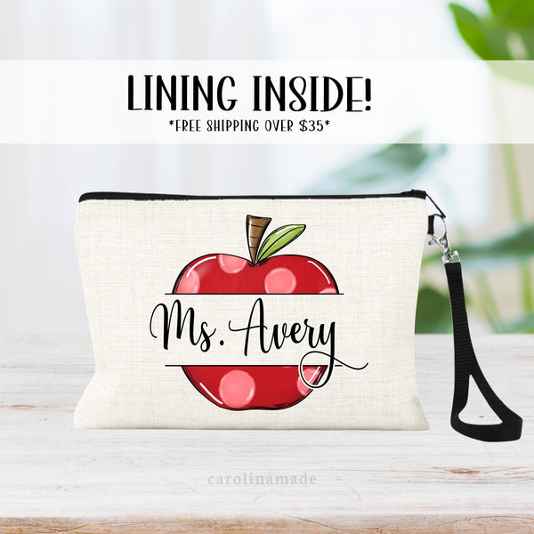 The perfect teacher appreciation gift! Teacher apple personalized linen zipper pouch. The teachers name is personalized in the middle of the apple.