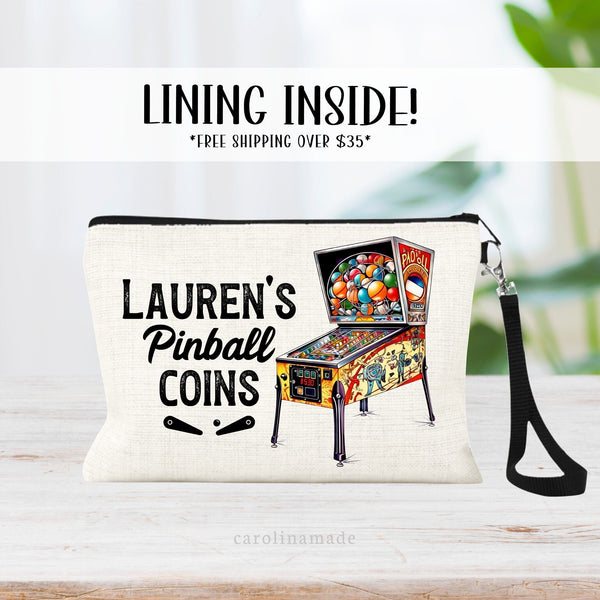 old fashioned pinball arcade machine. Personalized with text on the side. Text can be changed. As shown it says Laurens Pinball Coins. The perfect wristlet bag for your trip to the pinball arcade.