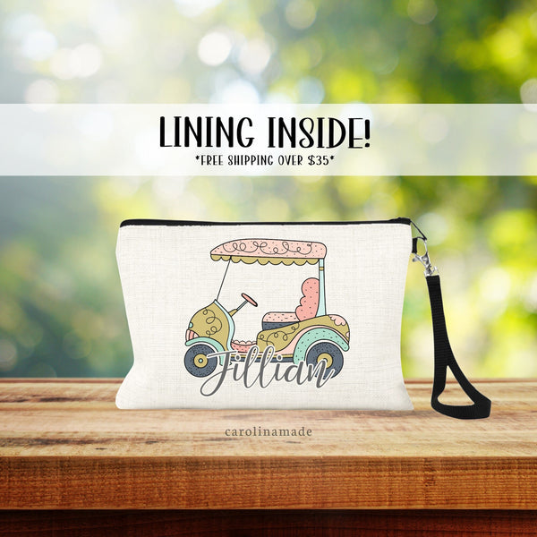 Whimsical Womens golf cart bag in whimsical teal, pink, green design. Personalized with name under the golf cart.