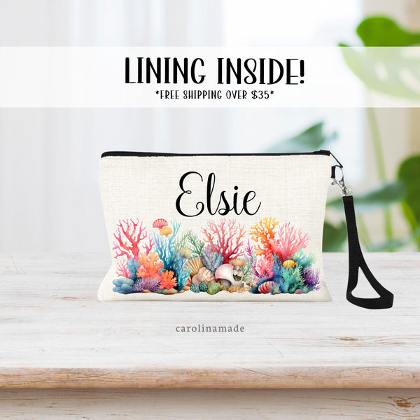 Beautiful watercolor bright coral bag with sea shells and sea plants. Personalized with name at the top.