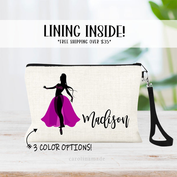This linen makeup bag features a belly dancer silhouette with a long colorful skirt in your choice of 3 colors. It is personalized next to the dancer with your name.