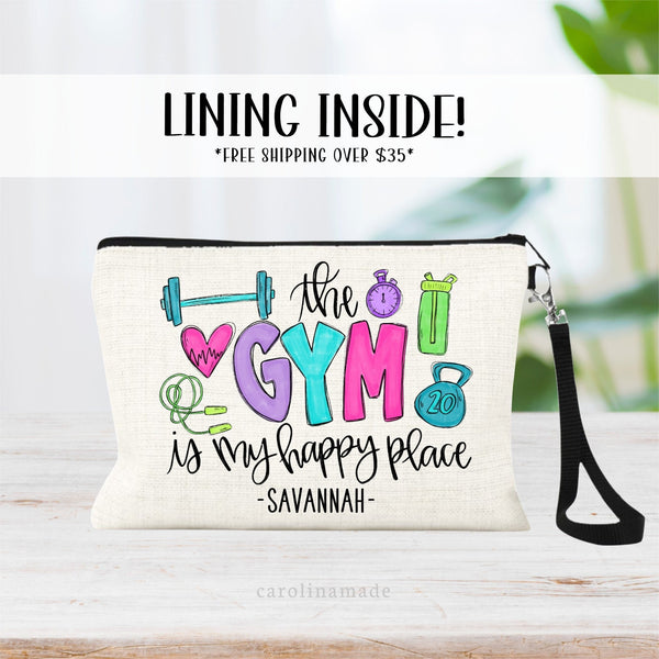 This lined linen makeup bag is the perfect gym accessory! The gym is my happy place zipper pouch with barbell, kettle bell, jump rope and timer. The bottom is personalized with your name.