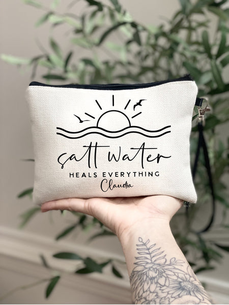 Salt Water Heals Everything, Personalized Beach Line Art Makeup Bag, Beach Lover Wristlet, Custom Minimalist Beach Gift Idea, Girls Trip Bag