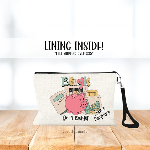 Colorful design that says Bougie on a budget. Featuring a coupon, piggy bank and money jar. Perfect accessory for your grocery shopping to hold your coupons!