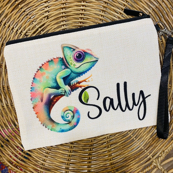 Personalized Chameleon Makeup Bag, Custom Name chameleon , chameleon Wristlet Purse, chameleon lover, chameleon Gift for Her, chameleon mom