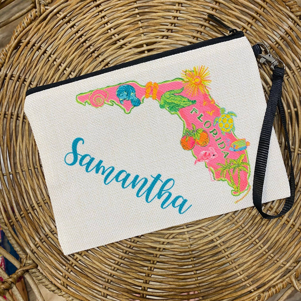 Florida State Makeup Bag, Pink Preppy Girls Florida Zipper Pouch, Florida Trip Gift Ideas, Trendy Pink Girls Trip Beach Getaway Travel Bag